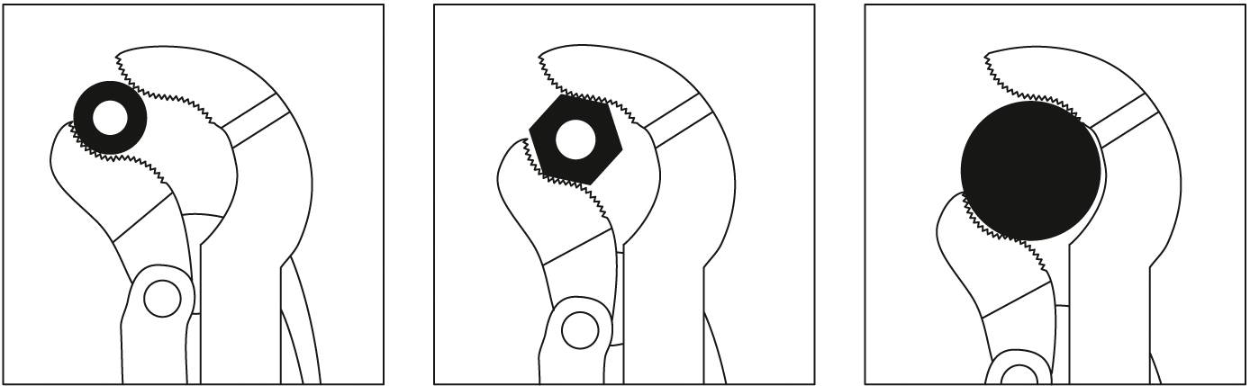 Tři grafiky ukazují, jak trubkový klíč drží různé objekty: vlevo šestihrannou matici, uprostřed menší objekt, vpravo velký kulatý předmět.