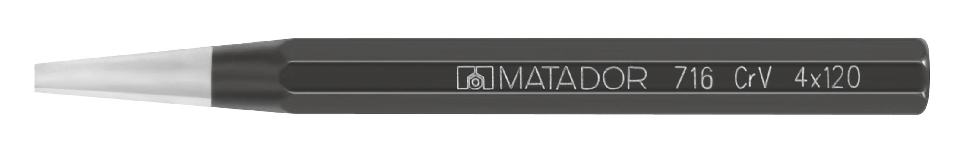 Šedá sekáč s nápisem 'MATADOR 7/16 CrV 4x120'. Ukazuje logo a specifikace nástroje.