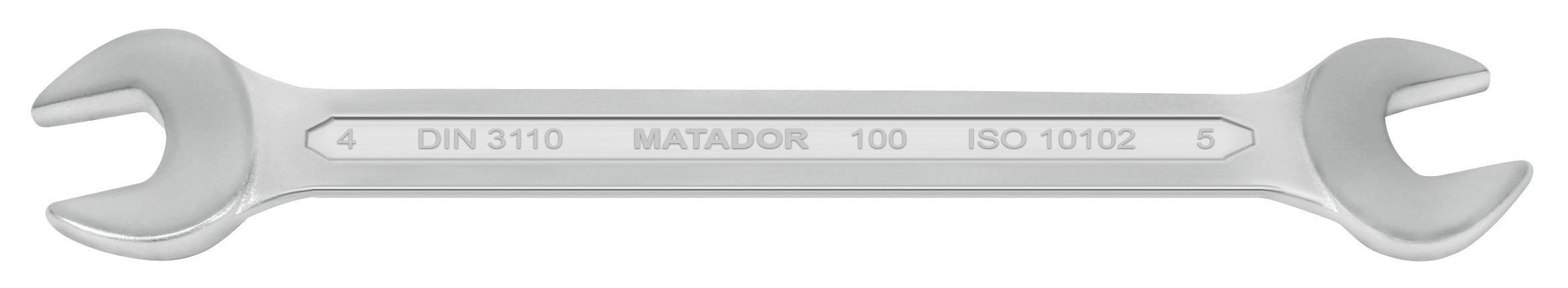 Stříbrný oboustranný klíč s nápisem: '4 DIN 3110 MATADOR 100 ISO 10102 5'.