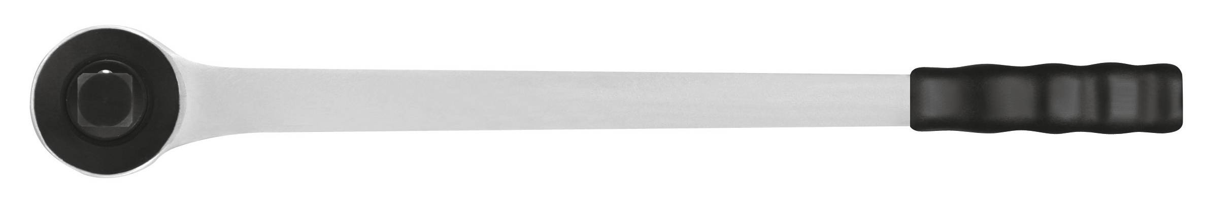 Dlouhý kombinovaný klíč s černou vroubkovanou rukojetí a čtvercovým nástavcem na jednom konci.