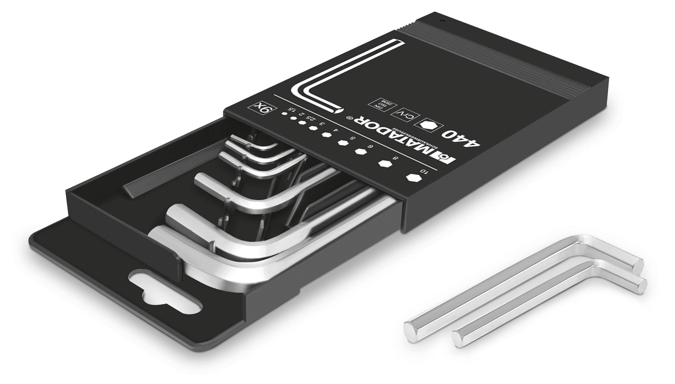 Černé balení s několika stříbrnými imbusy různých velikostí vyčnívajícími z obalu. Jeden klíč leží vedle.