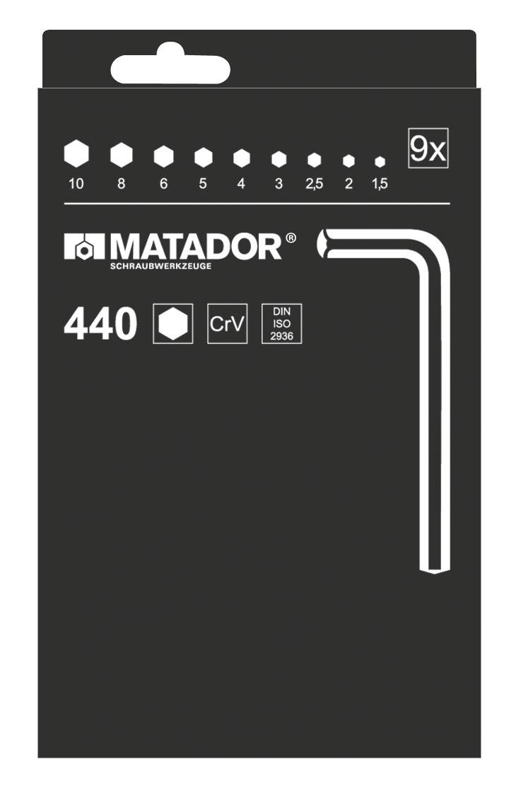 Sada devíti šestihranných klíčů značky Matador, vyrobených z chrom-vanadové oceli, podle normy DIN ISO 2936. Velikosti od 1,5 do 10 mm.