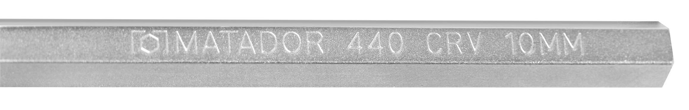 Šestihranný klíč s gravírováním 'MATADOR 440 CRV 10MM', který zobrazuje velikost a značku nástroje.