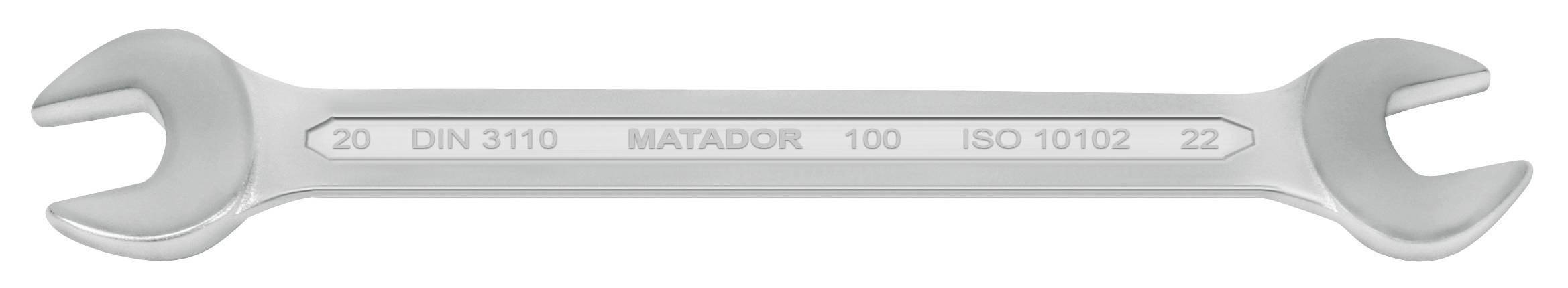 Stříbrný oboustranný klíč o velikostech 20 a 22. Gravírováno je 'DIN 3110', 'MATADOR', '100', 'ISO 10102'.