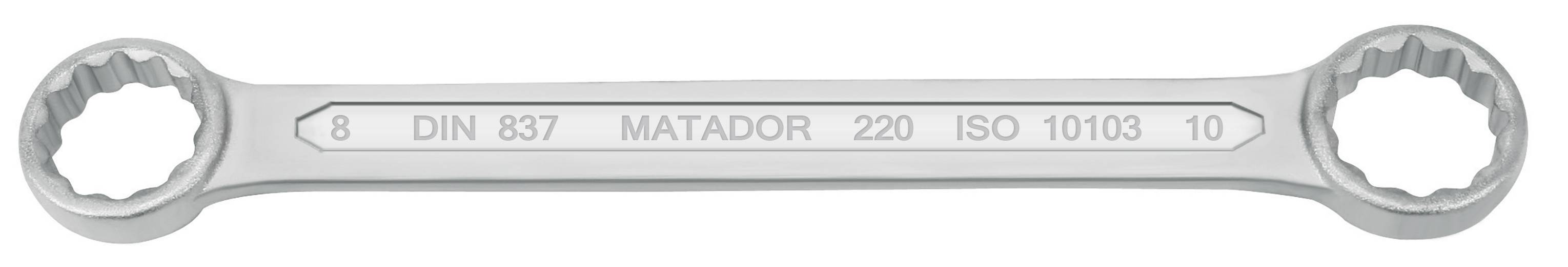 Oboustranný kroužkový klíč s číslem '8' vlevo a '10' vpravo, DIN 837, Matador, ISO 10103.