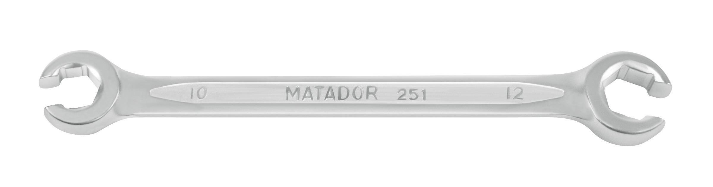 "Oboustranný klíč s otevřeným koncem, velikost 10 a 12, stříbrné barvy, s nápisem "MATADOR 251" uprostřed."