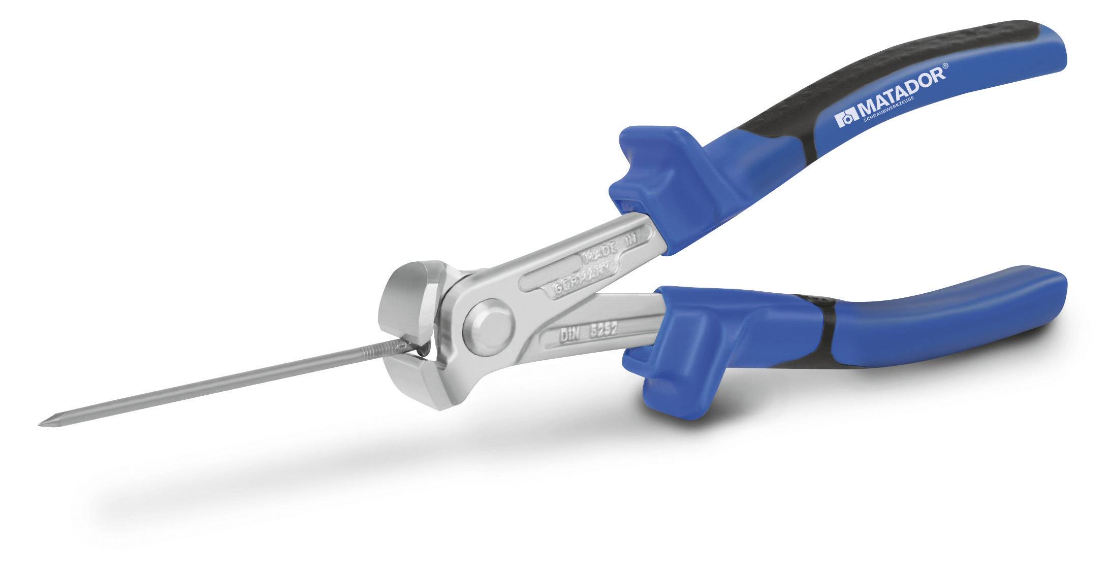 Kleště s postranními štípacími kleštěmi a modrými rukojeťmi. Nástroj od společnosti Matador, vhodný pro řezání a ohýbání drátů a kabelů.