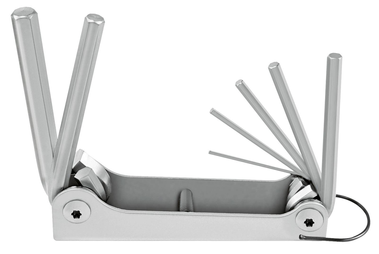 Stříbrné multifunkční nářadí s několika skládacími šestihrannými klíči, vhodné pro opravy nebo úpravy.