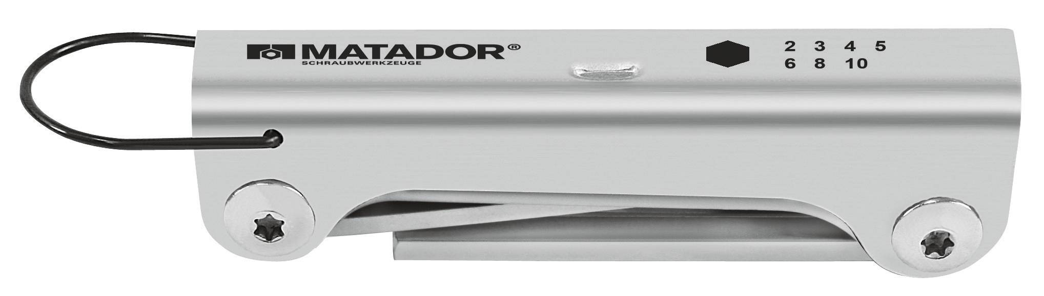 Multifunkční nástroj od Matadoru s různými velikostmi klíčů (2, 3, 4, 5, 6, 8, 10) a černým kroužkem.