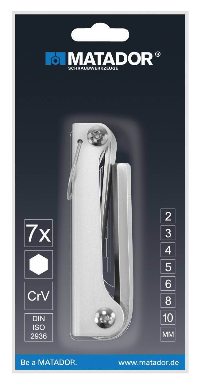 Balení stříbrné sady šroubováků Matador se sedmi různými velikostmi, na obalu uveden název značky a webové stránky.