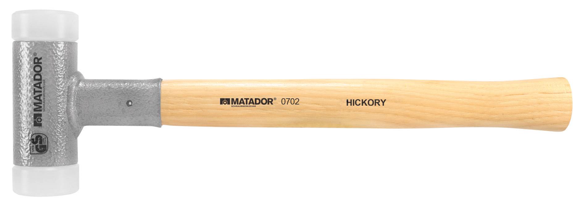 Gumová palice s dřevěnou rukojetí a kovovým úderem; nápis: 'MATADOR 0702 HICKORY'. Vhodná pro práce vyžadující jemné údery.