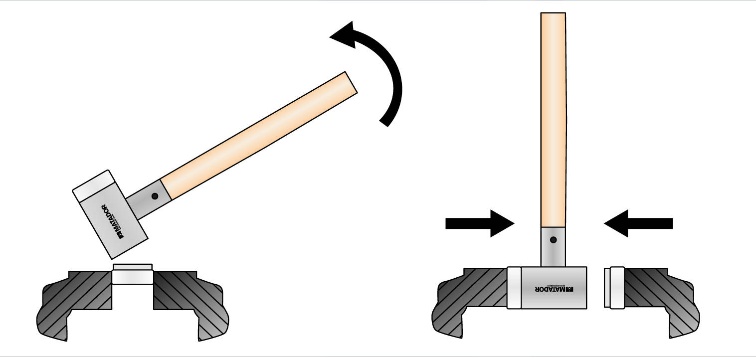 Diagram znázorňuje, jak se používá kladivo k namontování součástky na podstavec. Šipka ukazuje průběh pohybu.