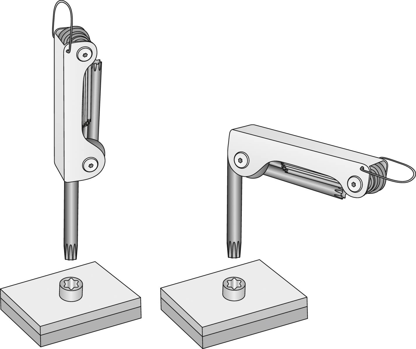 Víceúčelový šroubovák je zobrazen ve dvou polohách: složený a rozložený. V pozadí je vidět šroub na desce.