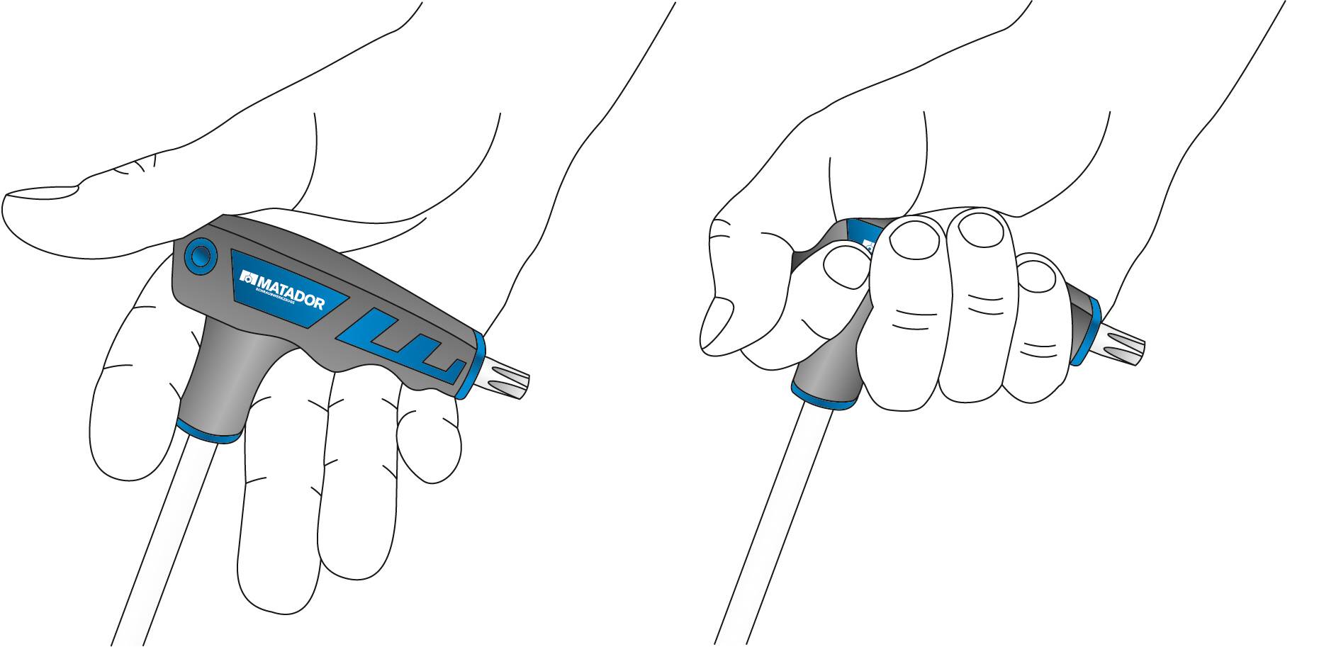 Dvě ruce drží různé rukojeti šroubováků s nástavci. Vlevo: pistolová rukojeť, vpravo: ergonomická rukojeť.