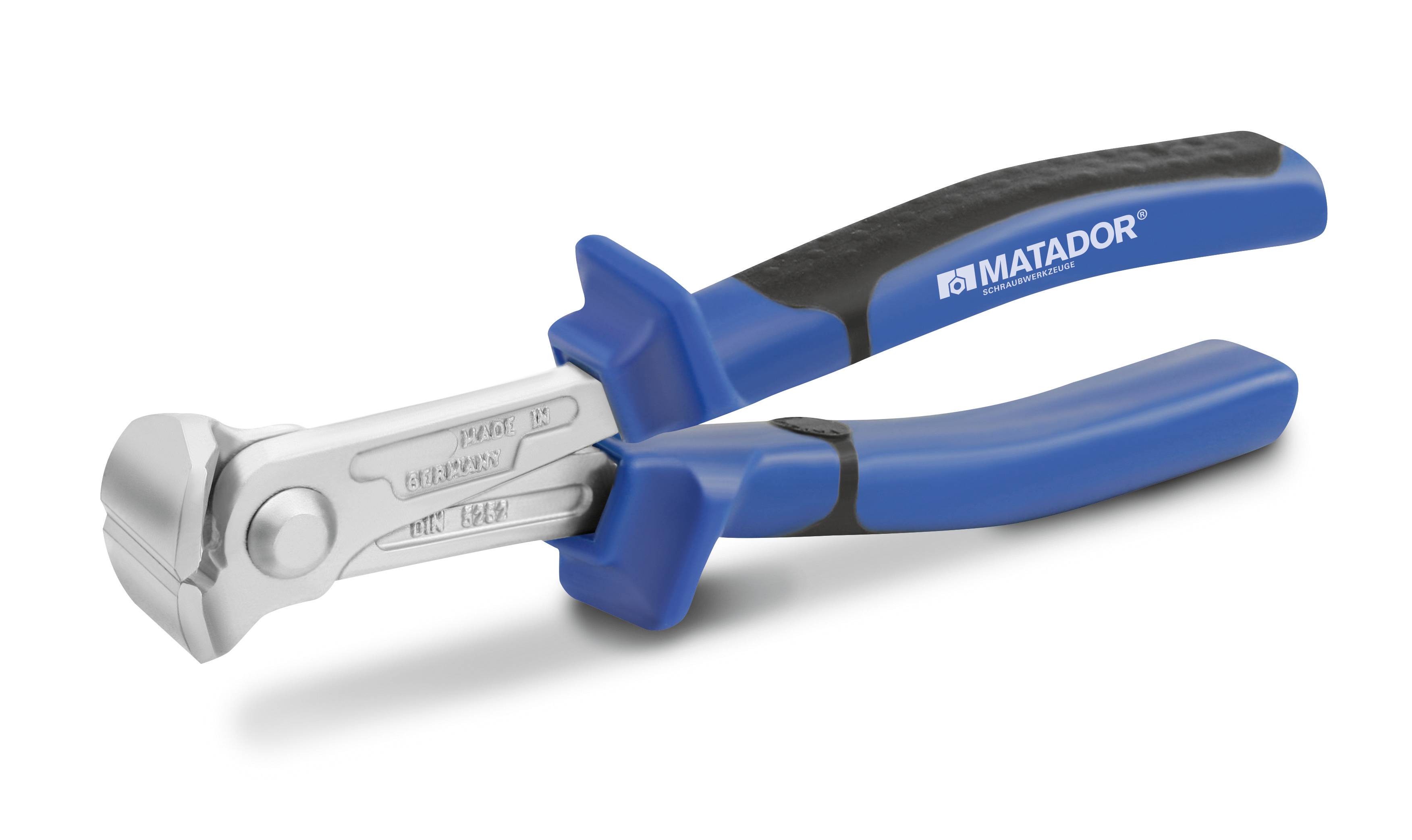 Boční štípací kleště Matador s modro-černými rukojeťmi, vhodné pro řezání drátů nebo kabelů.