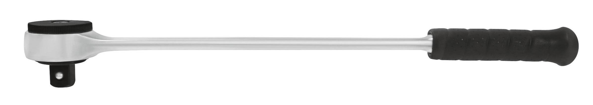 Na obrázku je stříbrný momentový klíč s černou rukojetí.