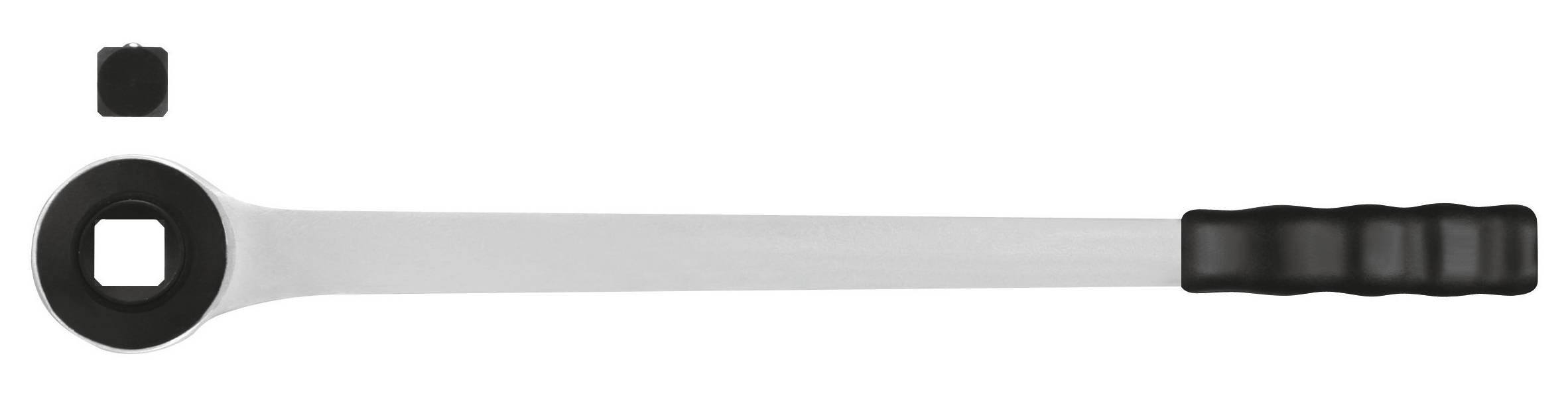 Dlouhý klíč s čtvercovým otvorem na jednom konci a rukojetí na druhém, vedle něj malá čtvercová součástka.