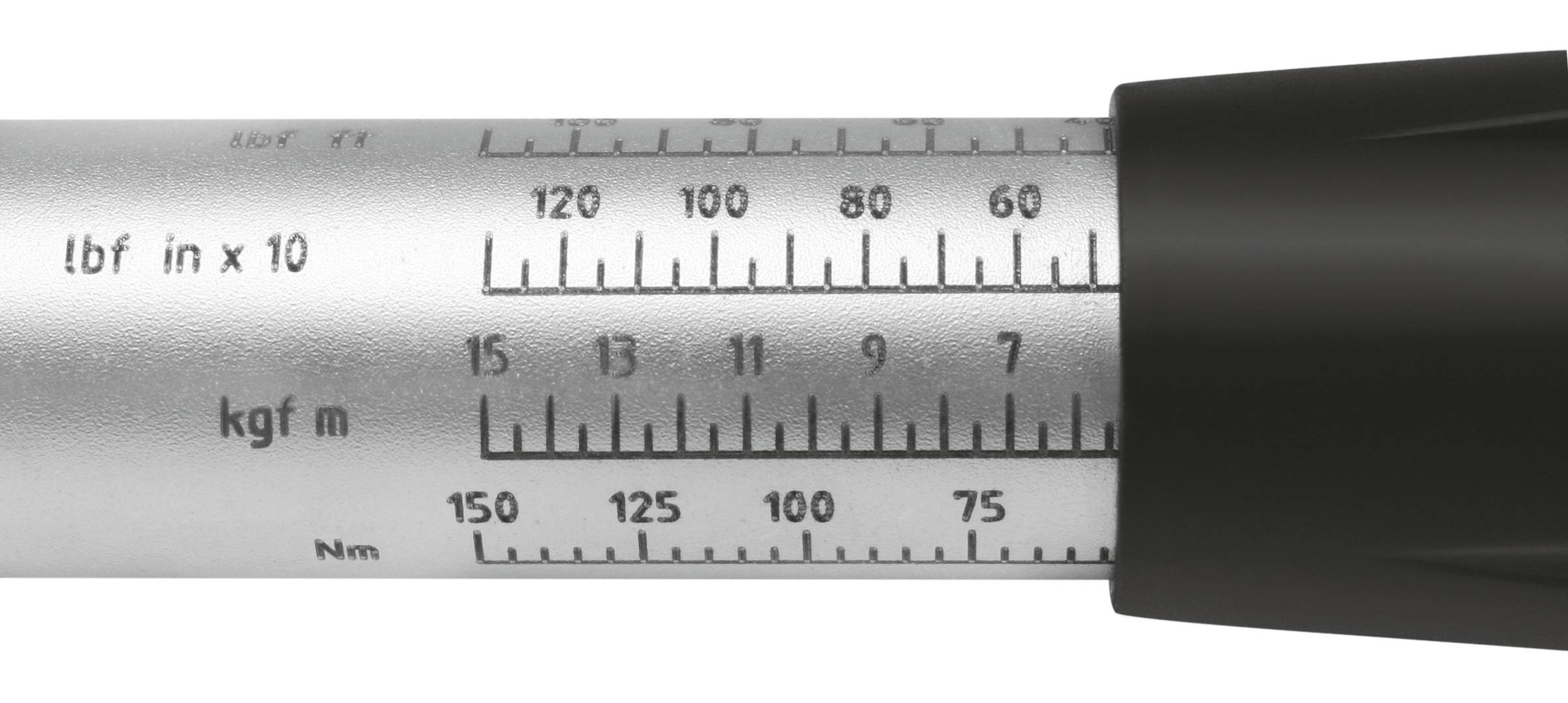 Momentový klíč se stupnicí pro zobrazení momentů otáčení v různých jednotkách, včetně 'Nm', 'lbf in x 10' a 'kgf m'.