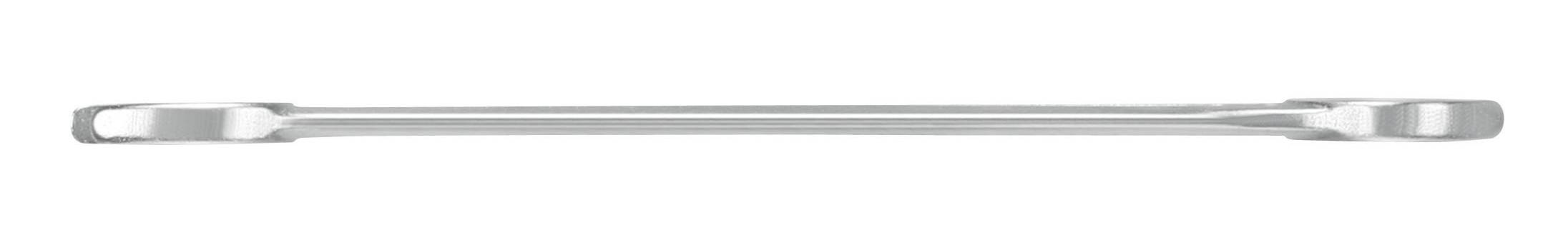 Stříbrný klíč s otevřeným koncem a uzavřeným kroužkem na druhém konci, umístěný na bílém pozadí.