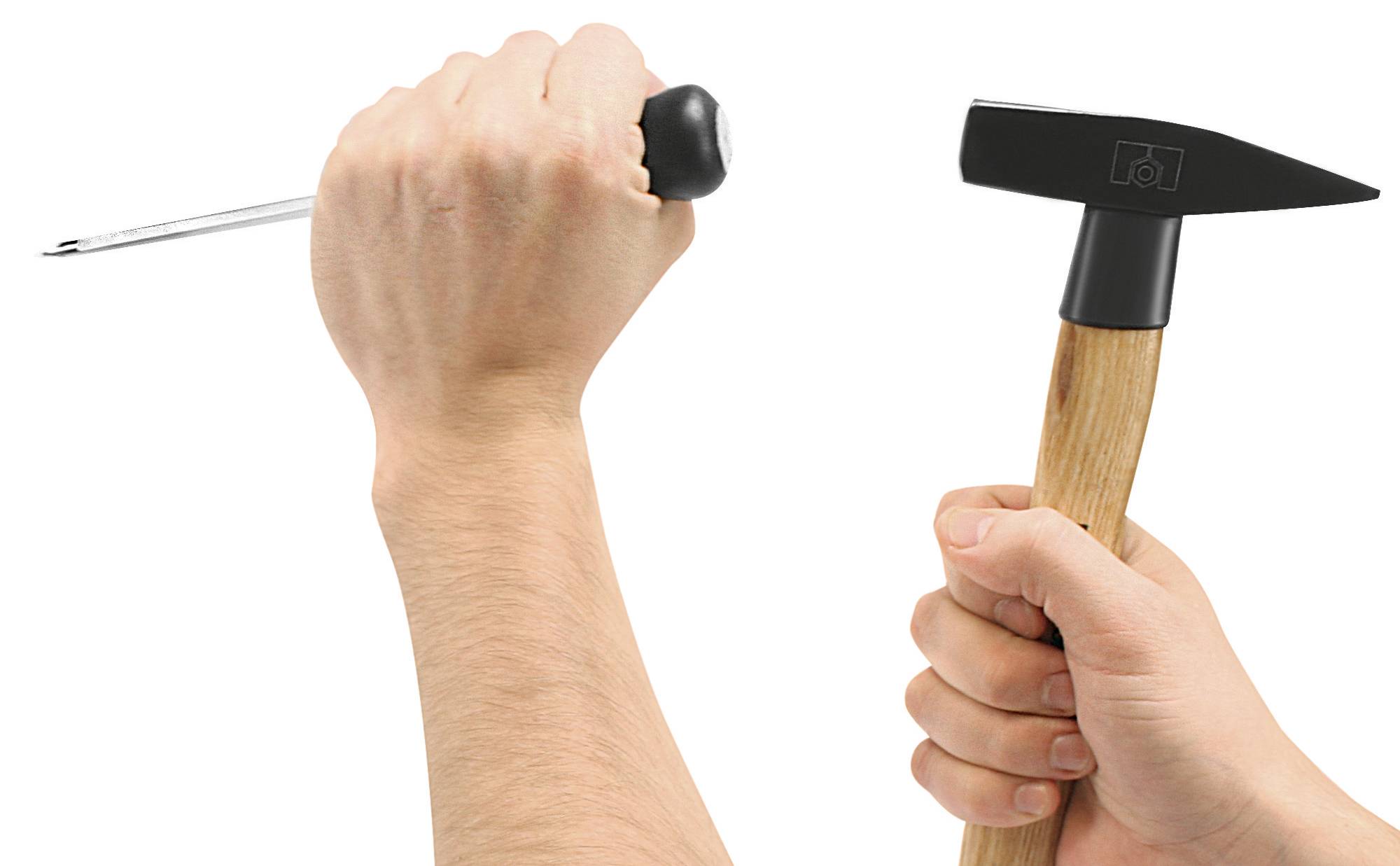 Jedna ruka drží šroubovák se zdviženou pěstí, druhá drží kladivo. Obě ruce symbolizují použití nástrojů.