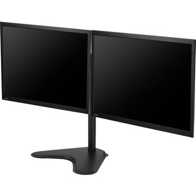 Dva černé počítačové monitory umístěné vedle sebe na společném stojanu zobrazují prázdnou obrazovku.