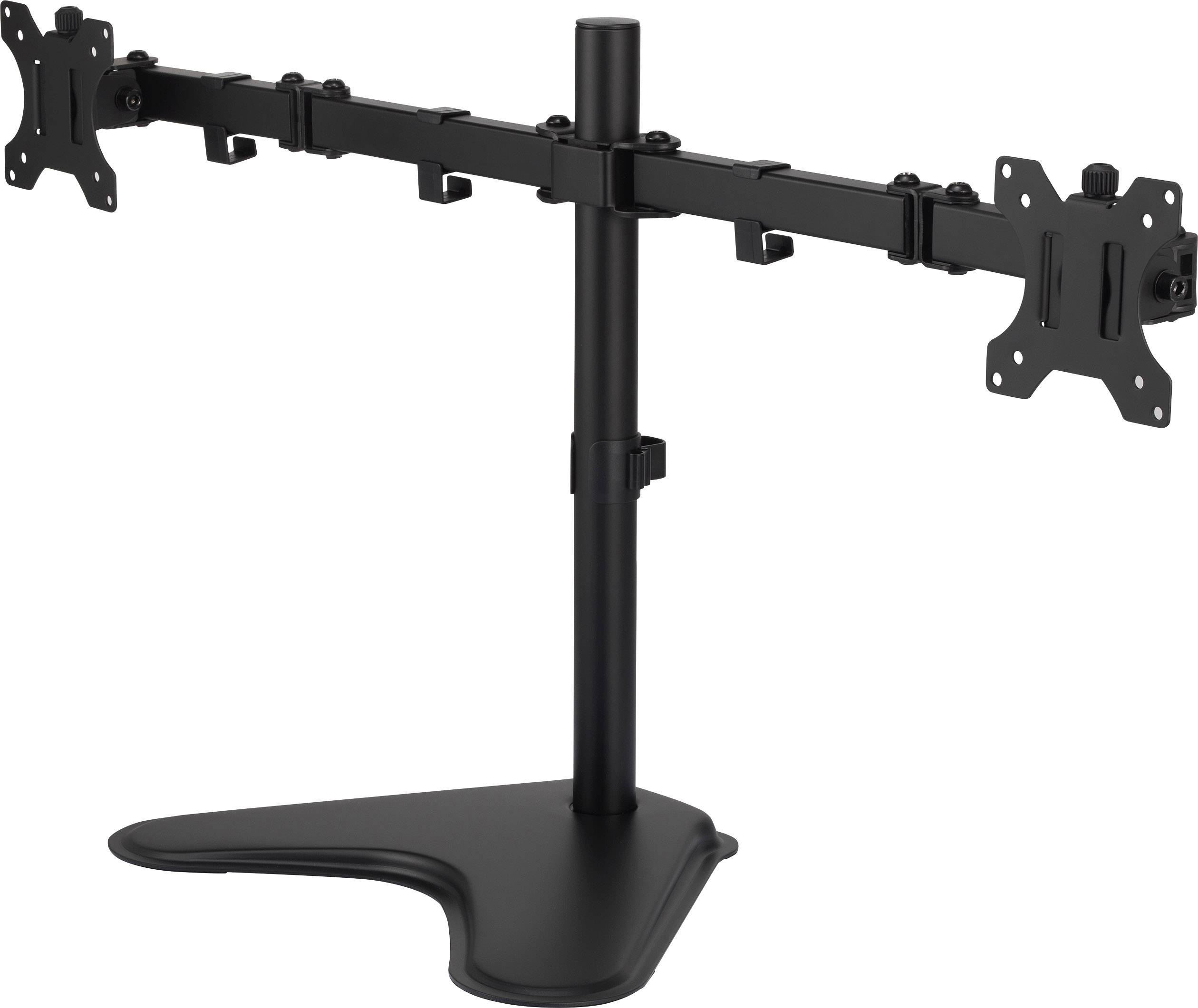 Černený stojan na dva monitory s V-tvarou základnou, dva nastavitelné ramena s VESA uchycením, vhodný pro ergonomické přizpůsobení pracoviště.