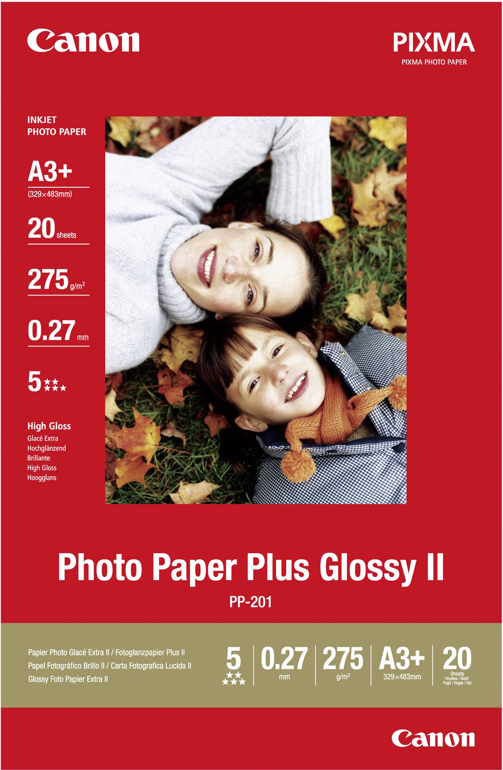 Canon 'Photo Paper Plus Glossy II' obal. Vyobrazeno: Dospělý a dítě na podzimním listí. Specifikace: A3+, 20 listů, 275 g/m².