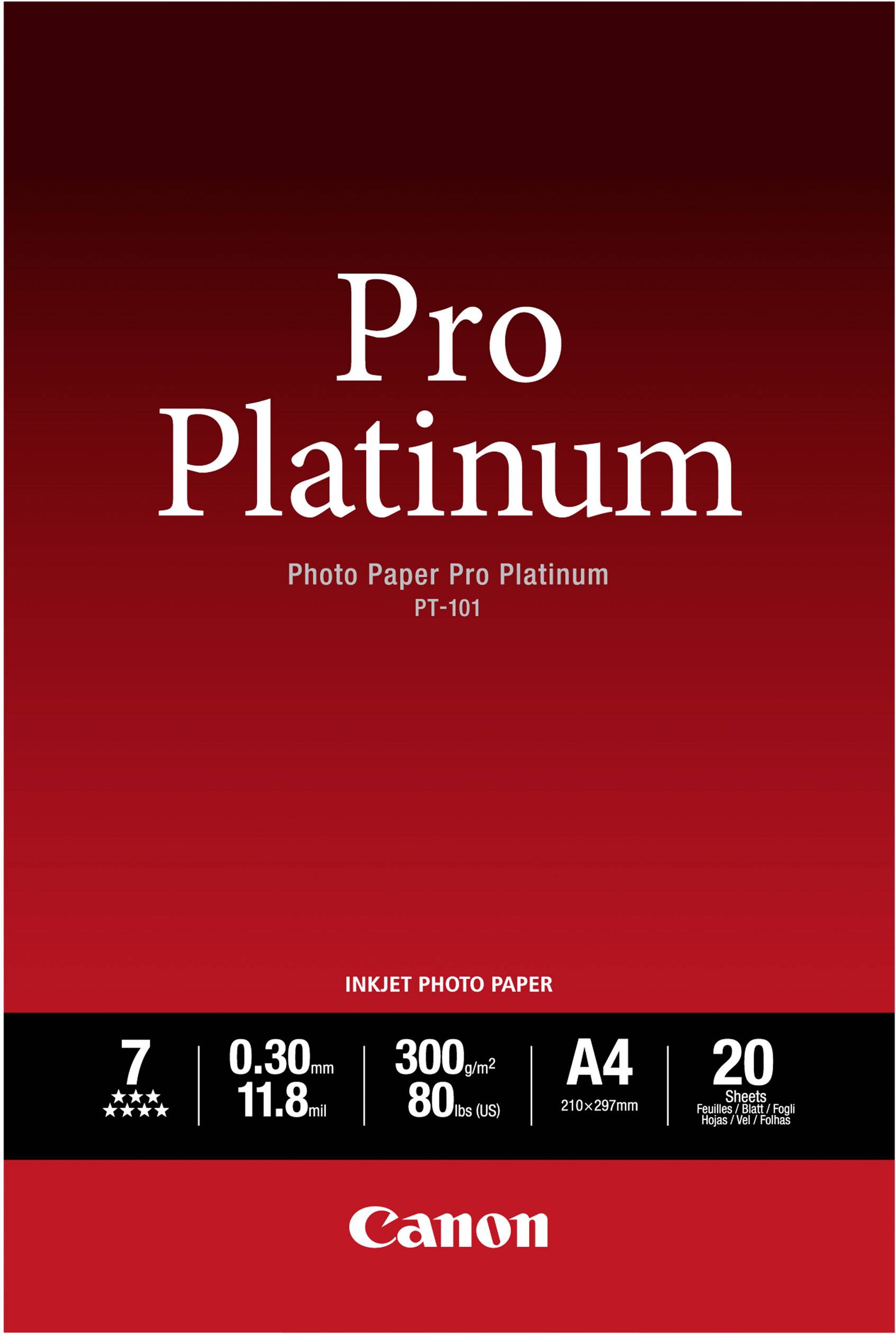 Obal balení fotografického papíru Canon Pro Platinum. Potisk 'Photo Paper Pro Platinum PT-101'. Formát A4, 20 listů, 300 g/m².