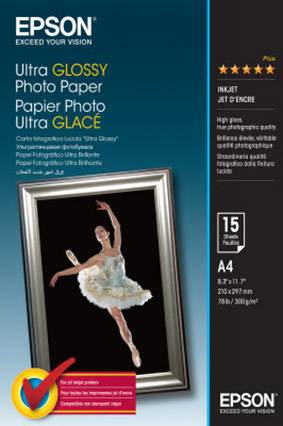 Balení Epson Ultra Lesklého fotografického papíru A4, 15 listů, s obrázkem tančící tanečnice v rámečku. Detaily ke kompatibilitě a vlastnostem.