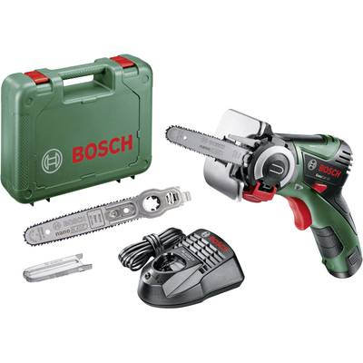 Sada zahradního nářadí s akumulátorovou pilou Bosch, zelený kufřík, nabíječka, pilový list a příslušenství. Kompaktní design pro nenáročné práce.