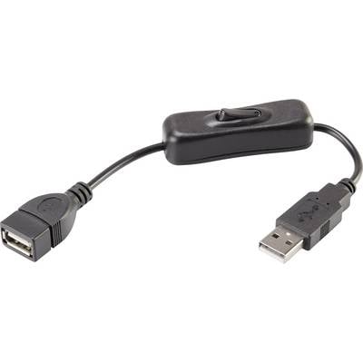 USB prodlužovací kabel s vypínačem, v černém designu, umožňuje snadné odpojení nebo připojení zařízení.