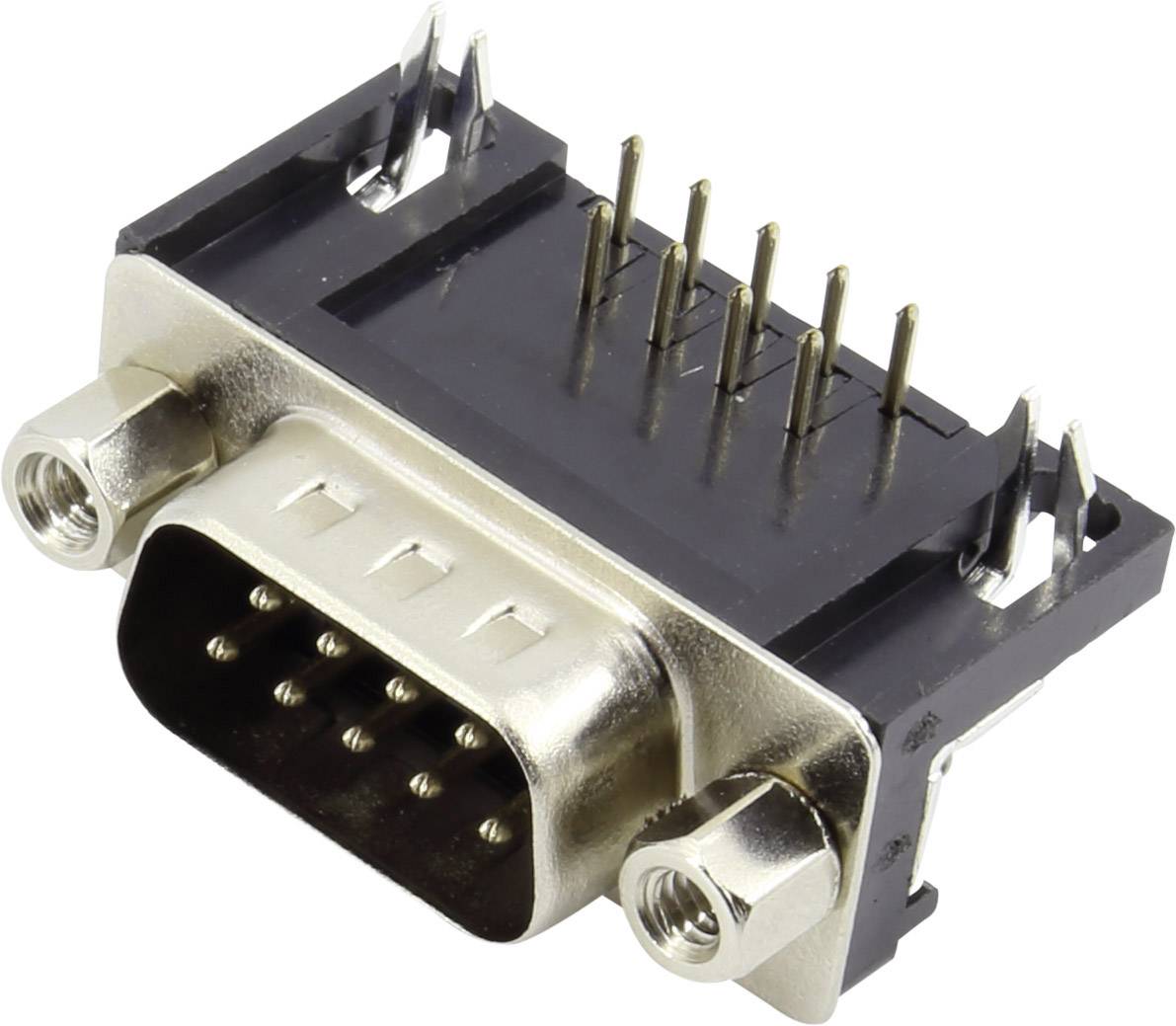 Kovový konektor s devíti viditelnými kolíky, který patří k elektronickému rozhraní.