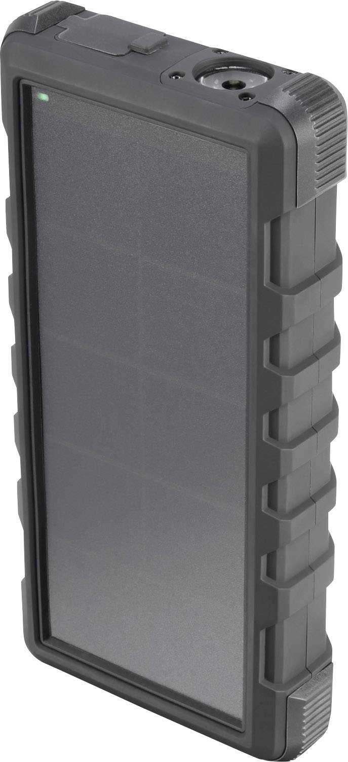 Černá, robustní powerbanka se solárním povrchem a USB portem na horní straně, vhodná pro outdoorové aktivity.