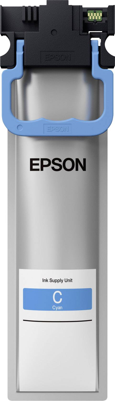 Šedá jednotka inkoustového systému Epson s modrou konzolí. Text: 'Epson Ink Supply Unit, Cyan'. Horní přípoj je viditelný.