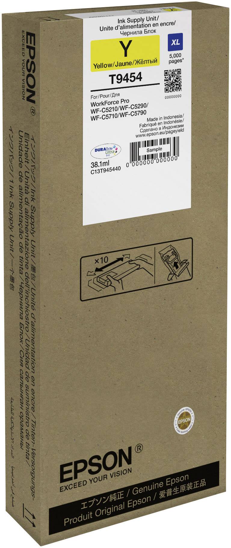 Cartridge pro inkoustové tiskárny Epson, žlutá, model T9454, s vysokou výtěžností až 5 000 stran. Kompatibilní s řadou tiskáren Workforce Pro C. Obal obsahuje návod k instalaci.