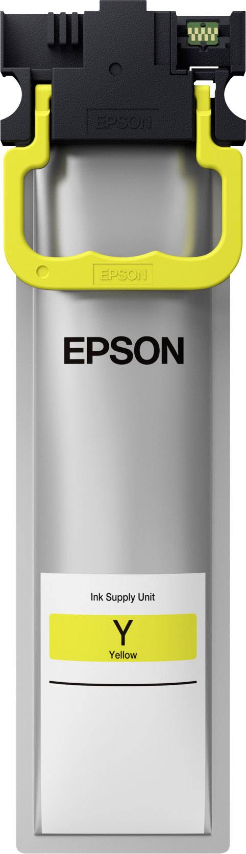 Stříbrná inkoustová cartridge Epson s žlutým štítkem a černým potiskem. Text na cartridgi: „Ink Supply Unit" a „Yellow".