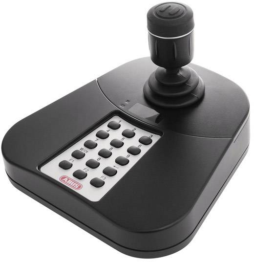 Černý joystick s numerickou klávesnicí, vhodný pro ovládání zařízení nebo kamer. Klávesy jsou bílé s černými číslicemi.