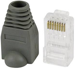 Konektor RJ-45 vedle černého gumového krytu. Konektor má osm zlatých kontaktů, kryt chrání konec kabelu.