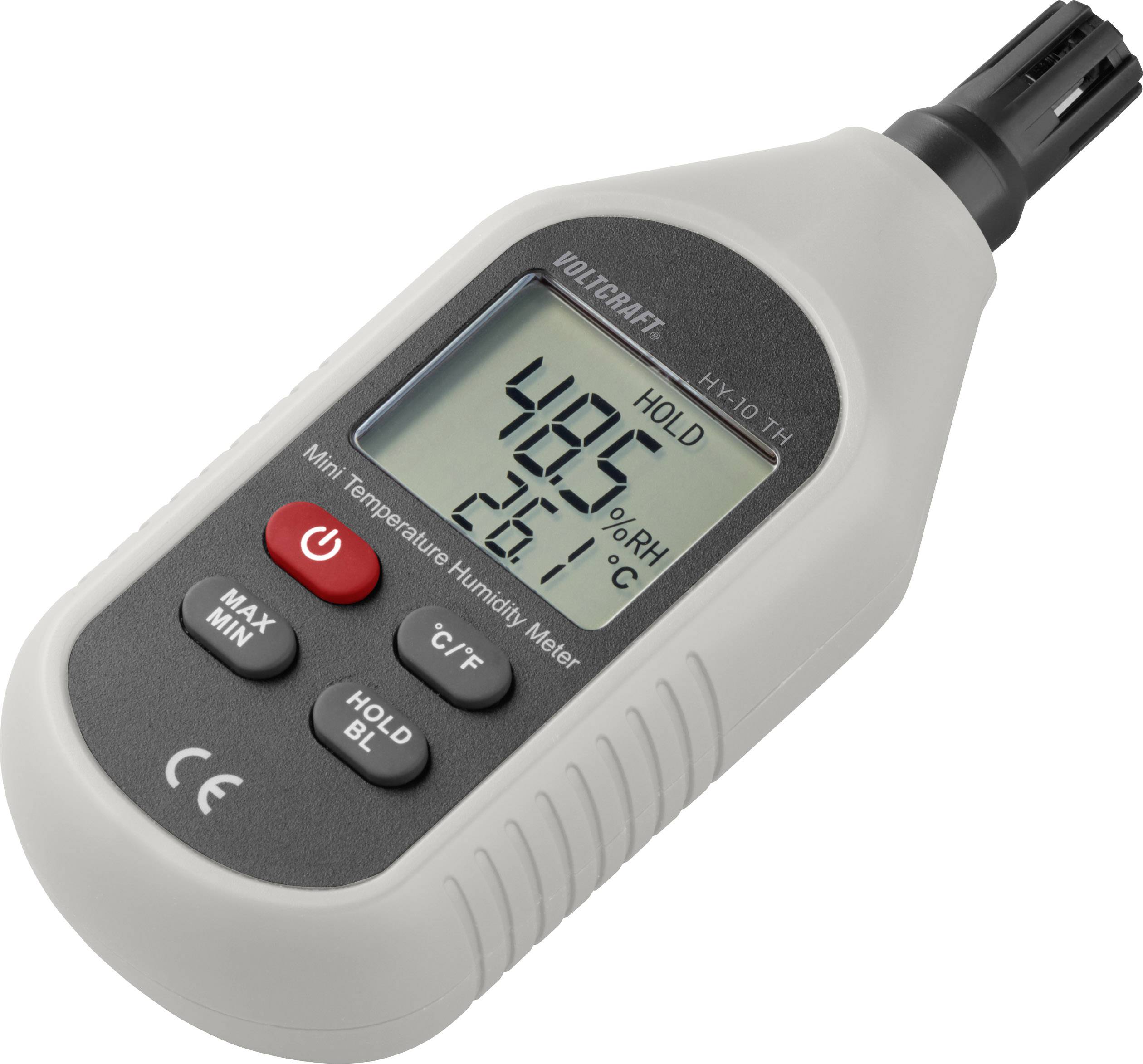 Digitální termo-hygrometr zobrazuje '48,0% RV' a '26,1 °C'. Má tlačítka pro Max/Min, Hold a °C/°F.