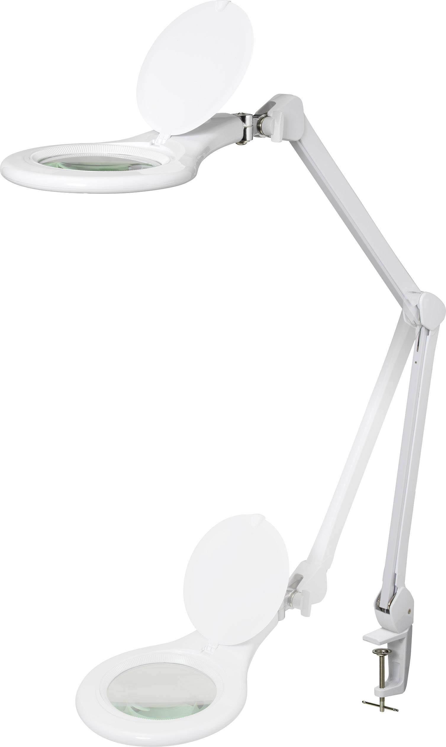 Nastavitelná stolní lampa s lupou a kloubovým ramenem, bílý design, vhodná pro přesné práce nebo čtení.