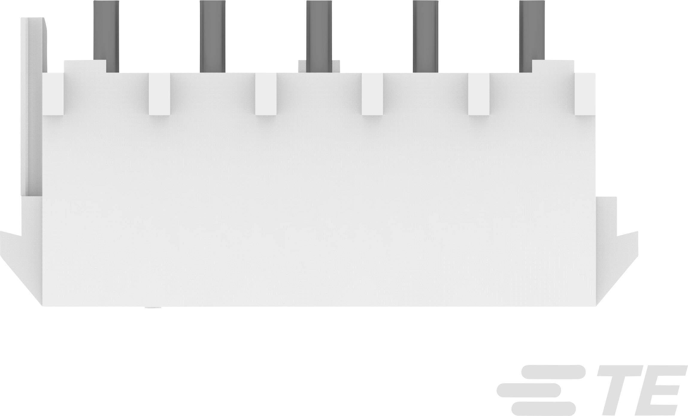 Bílý elektrický konektor s pěti kovovými kolíky a bočními upevňovacími prvky, logo značky v pravém dolním rohu.