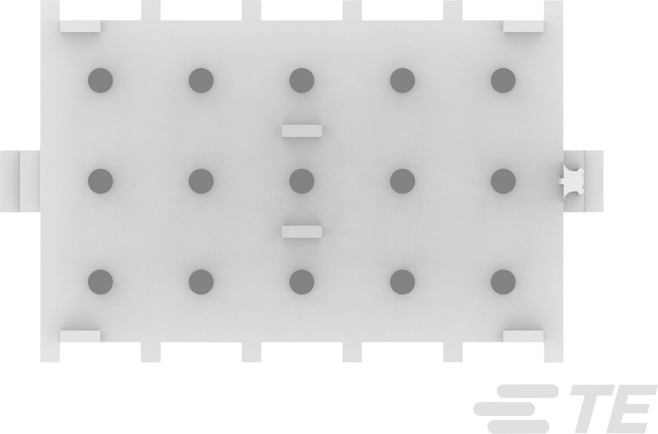 Bílý obdélníkový kryt s několika kulatými a obdélníkovými komponenty. Logo 'TE' v dolním pravém rohu.