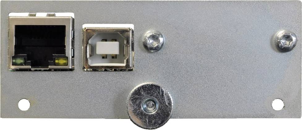 Kovová deska se dvěma přípoji: vlevo ethernetový konektor RJ45, vpravo USB konektor, upevněná třemi šrouby.