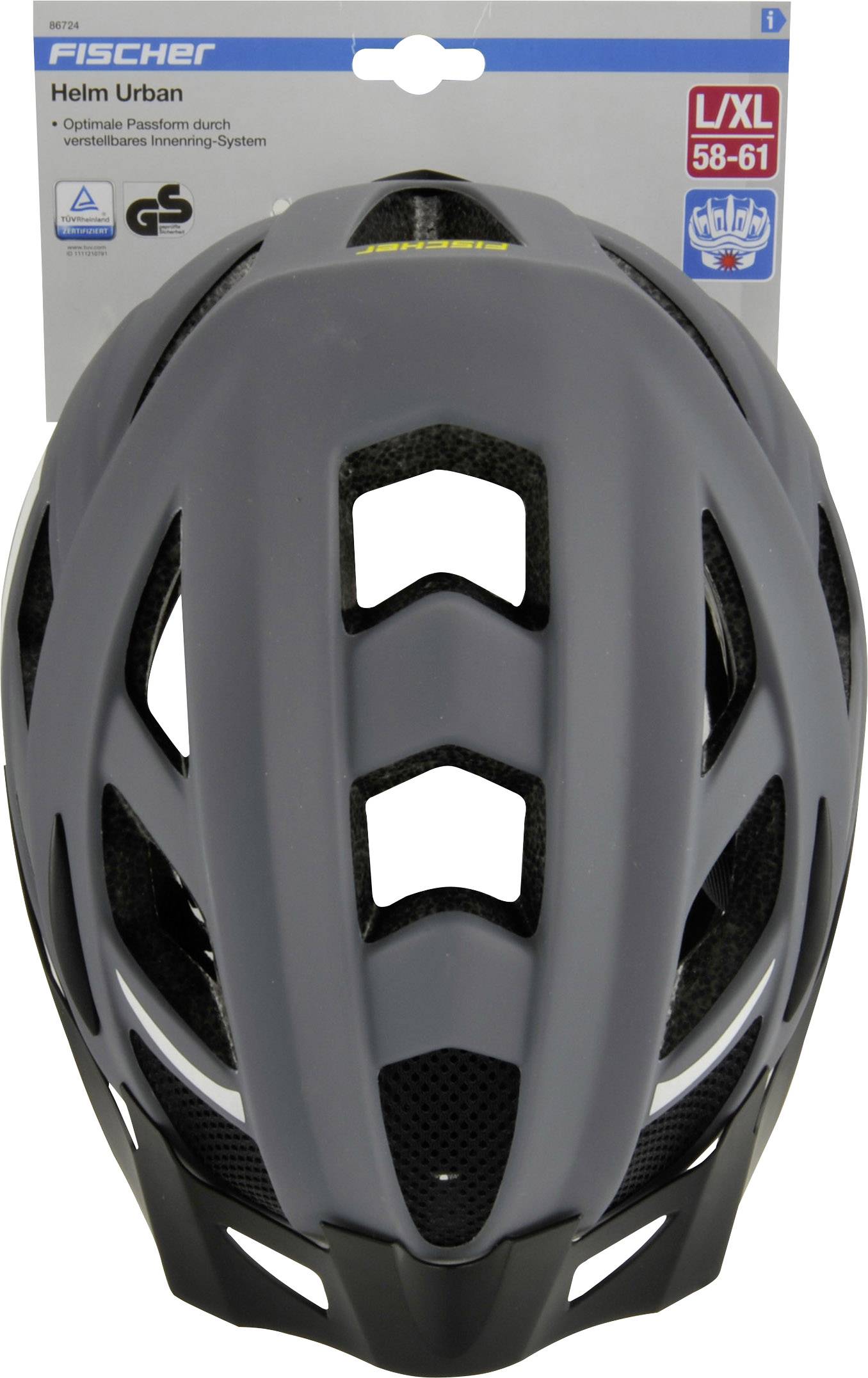 Šedo-černá cyklistická helma, model 'Fischer Helm Urban', velikost L/XL (58-61 cm), s větracími otvory, umístěná na prodejním obalu.