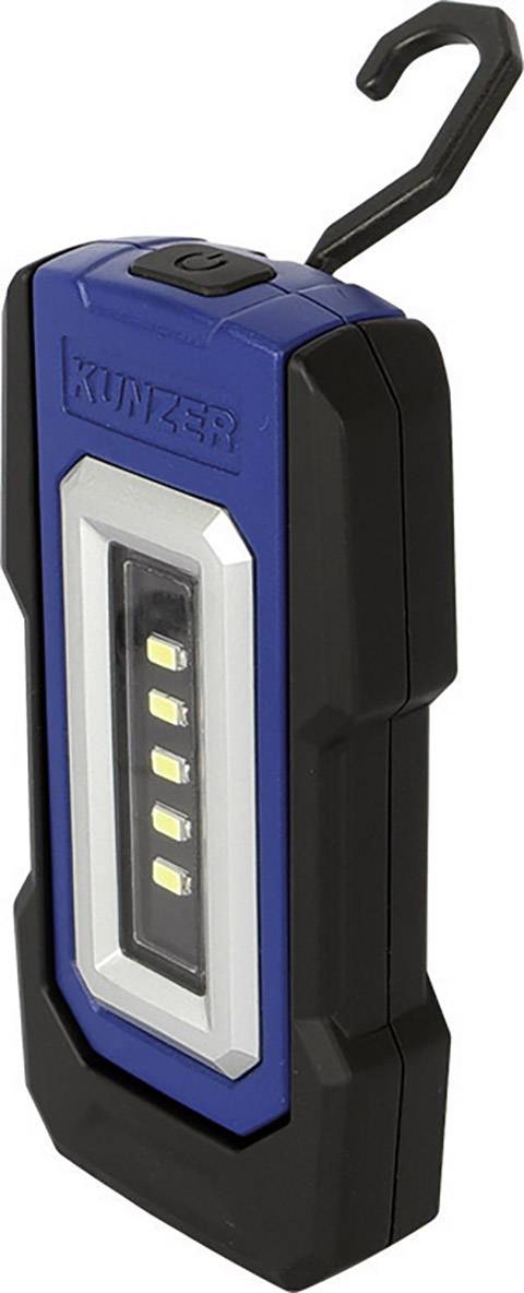 Přenosná LED pracovní svítilna s hákem pro zavěšení, robustní design v černé a modré barvě, ideální pro práce v dílně.