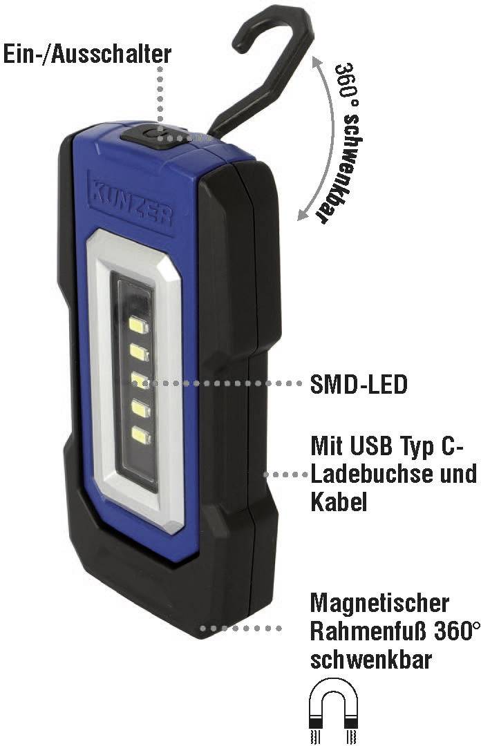 Přenosná LED lampa se spínačem zapnuto/vypnuto. Obsahuje SMD LED, USB Type C nabíjecí port a kabel. Magnetická noha s otočením o 360 stupňů.