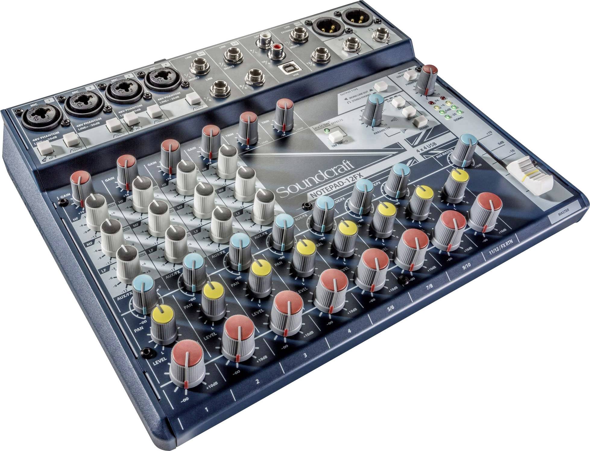 Zvukový mixážní pult s několika otočnými knoflíky a vstupy. Ovladače jsou barevně kódované pro snadné ovládání.