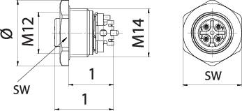 Technický výkres šestipolového konektoru s rozměry M12 a M14; zobrazen pohled shora a boční pohled.