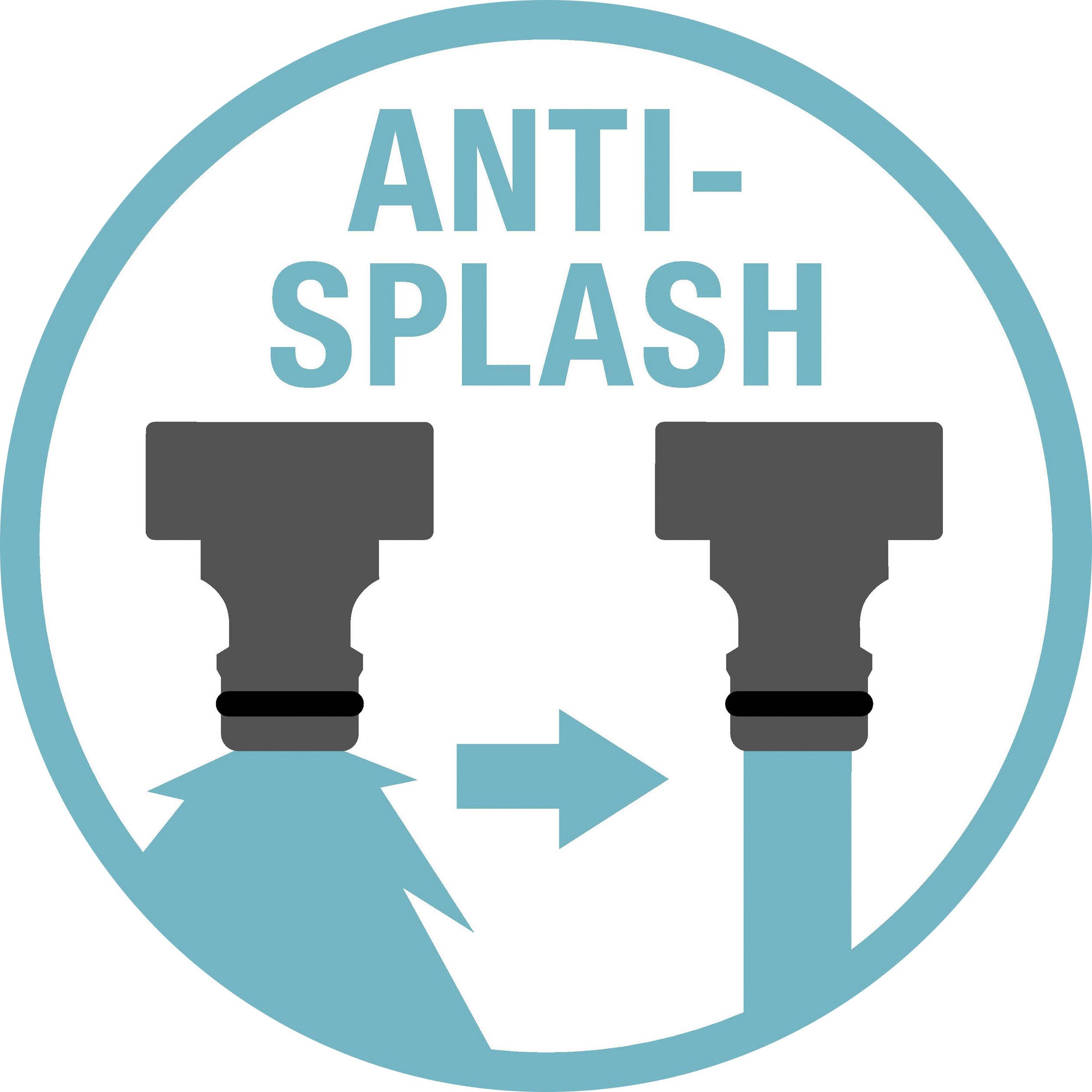 Dva navržené trubky s šipkou mezi nimi ukazují technologii 'Anti-Splash'; zabraňuje rozstřiku při přechodu z jedné trubky do druhé.