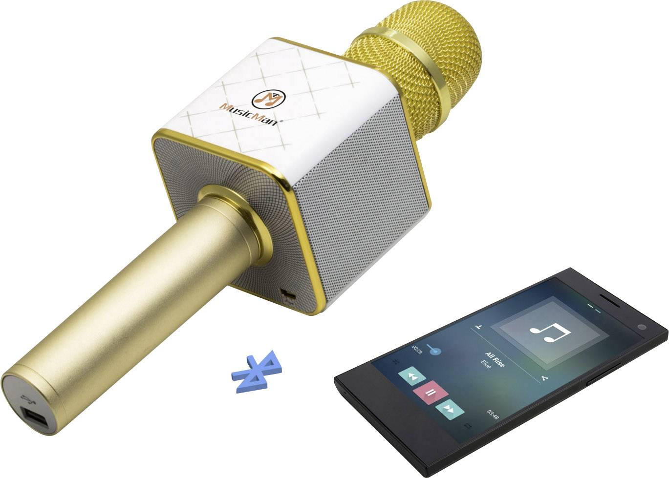 Zlatý mikrofon s integrovaným reproduktorem, vedle něj smartphone přehrávající hudbu. Vedle je symbol Bluetooth.